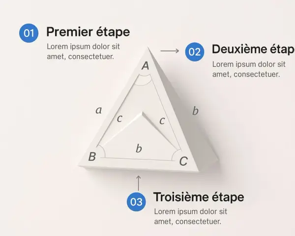 Illustration d'un triangle avec des lettres et des arcs, expliquant la formule sinus en trois étapes.