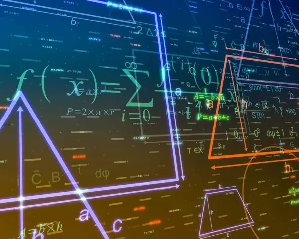 Formules de maths terminale flottant dans l'espace, avec des formes géométriques lumineuses et des chiffres.