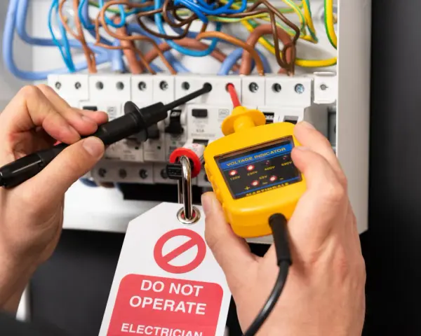 Un électricien vérifie la tension nominale d'un tableau électrique avec un indicateur de tension jaune. Une étiquette "DO NOT OPERATE" est visible.