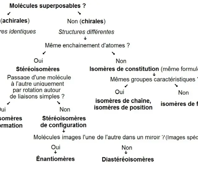 Diagramme de classification des isomères. Les molécules chirales peuvent être des énantiomères (images spéculaires non superposables) ou des diastéréoisomères.