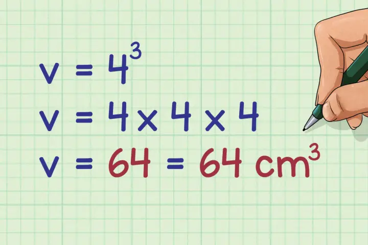 Calcul de l'aire d'un cube : V = 4³ = 4x4x4 = 64 cm³.