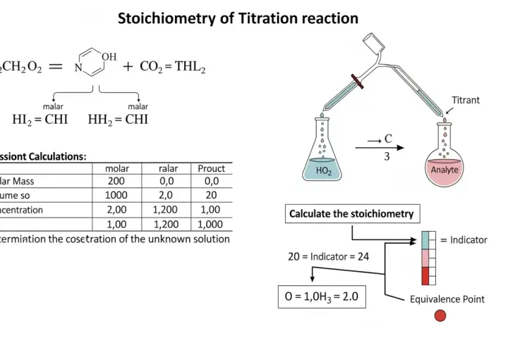 Schéma illustrant une réaction de titrage, avec une formule chimique, un tableau de calculs et un schéma de titrage pour déterminer le rapport stoechiométrique.