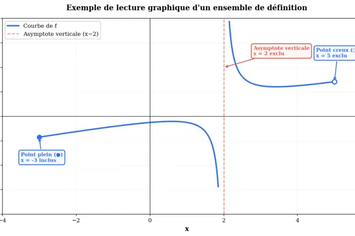 Graphique montrant une courbe avec une asymptote verticale en x=2. Un point plein à x=-3 et un point creux à x=5 illustrent l'ensemble de définition.