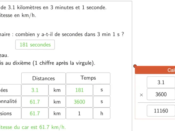 Calcul de la distance parcourue par une voiture. Le tableau montre la conversion des unités pour trouver la vitesse en km/h.