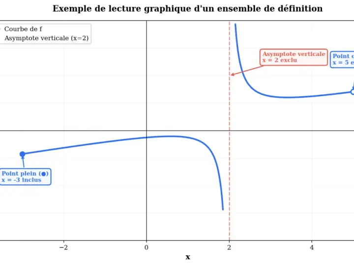 Graphique montrant une courbe avec une asymptote verticale en x=2. Un point plein à x=-3 et un point creux à x=5 illustrent l'ensemble de définition.