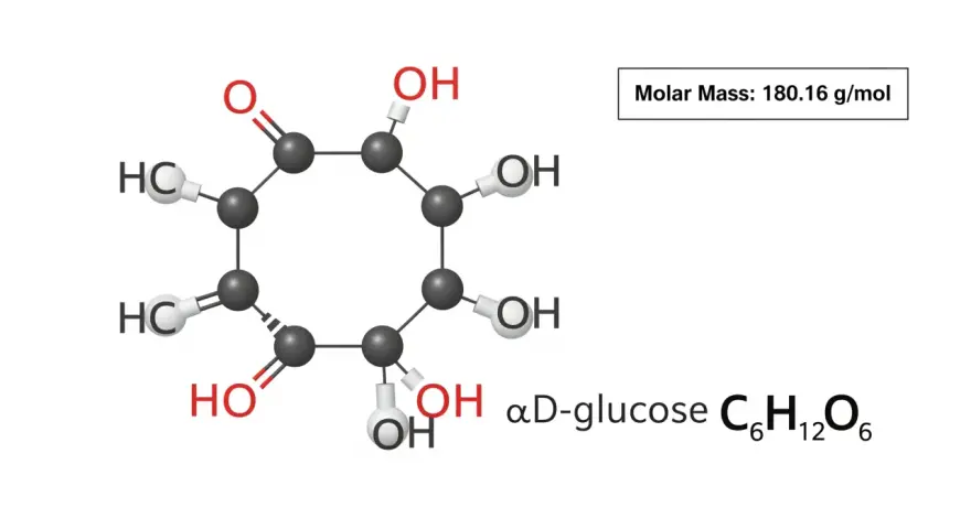 Représentation de la formule chimie de l'alpha-D-glucose, une molécule de sucre. Masse molaire : 180.16 g/mol.