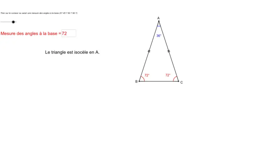 Triangle isocèle ABC avec angles à la base de 72° et angle au sommet de 36°.
