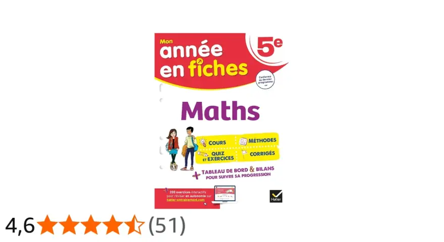 Livre "Mon année en fiches Maths 5ème" avec cours, méthodes, quiz et corrigés pour suivre sa progression.