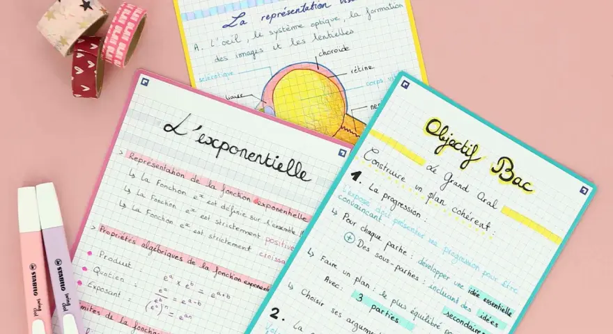 Cahiers de révision seconde : sciences, fonction exponentielle, et objectif bac. Notes manuscrites et surligneurs.