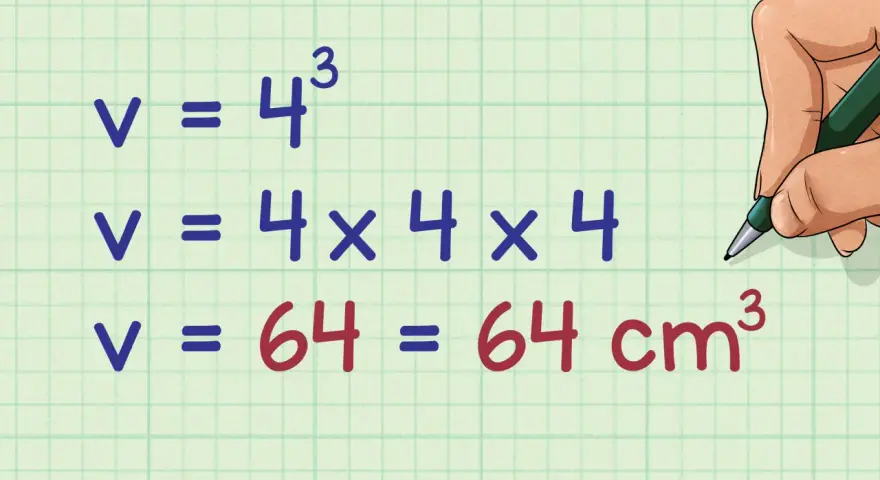 Calcul de l'aire d'un cube : V = 4³ = 4x4x4 = 64 cm³.