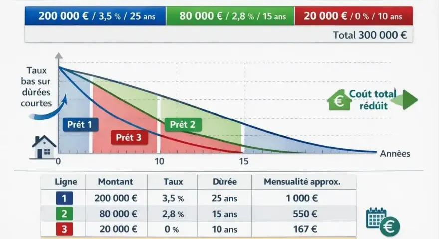 Schéma de prêt multi-lignes illustrant les mathématiques financières avec des taux dégressifs sur la durée.