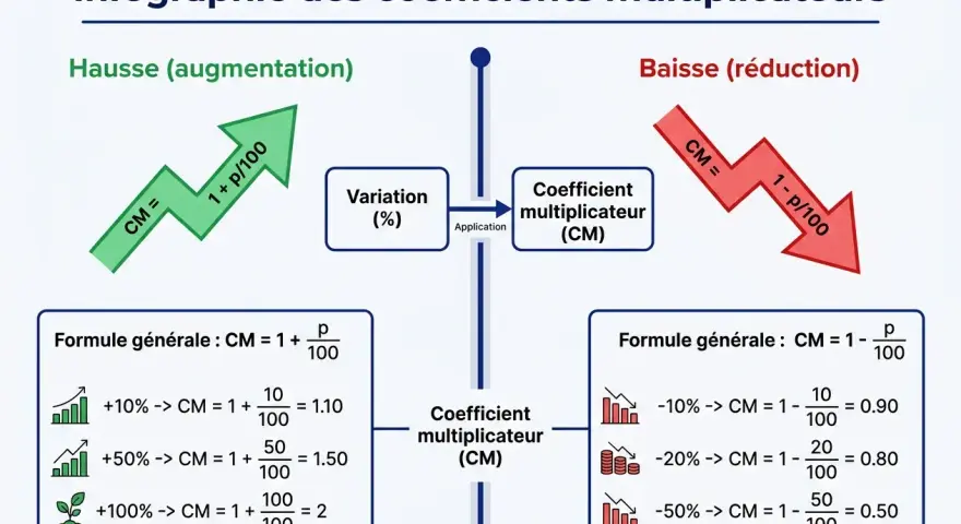 Infographie montrant comment calculer un pourcentage de baisse avec des exemples concrets.