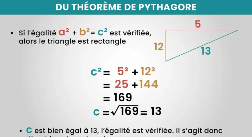 Exemple de la réciproque du théorème de Pythagore : un triangle avec des côtés de 5, 12 et 13 est bien rectangle car 5² + 12² = 13².
