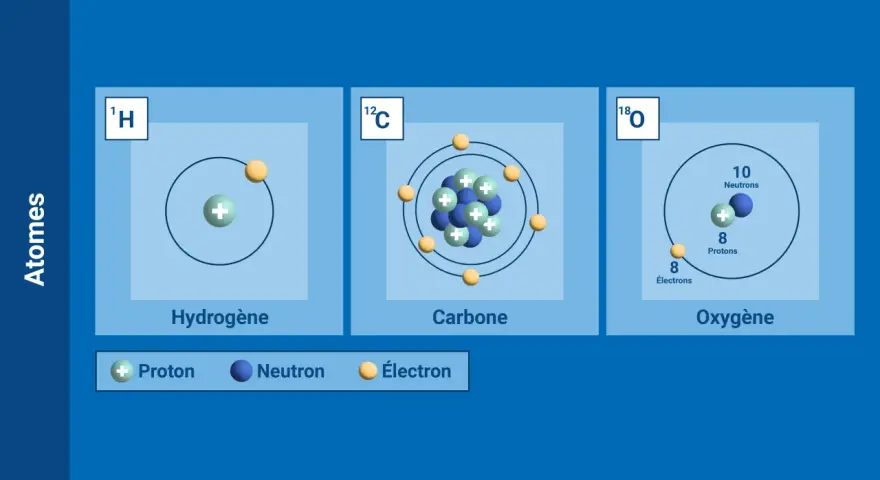 Illustrations d'atomes d'hydrogène, carbone et oxygène, montrant la variation du nombre de neutrons, une illustration de la définition d'isotope.