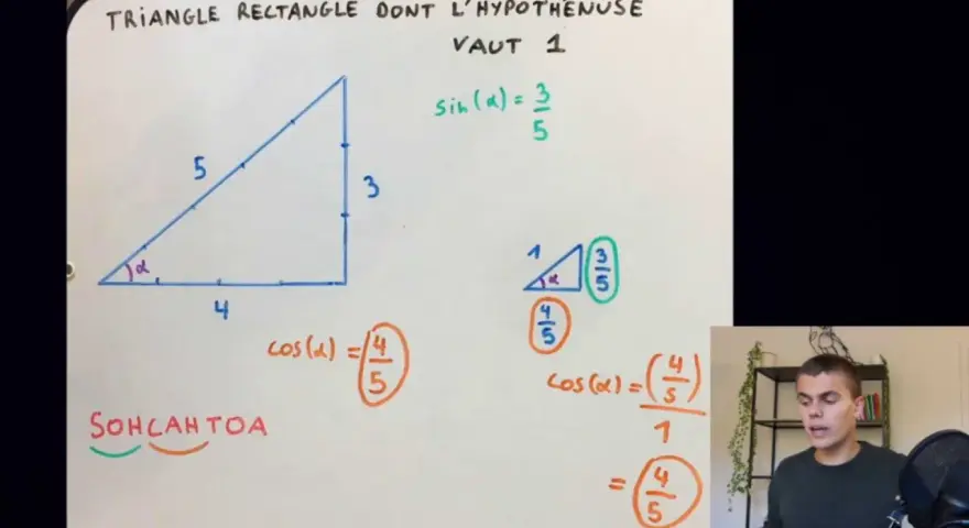 Triangle rectangle avec hypoténuse 5, côté adjacent 4, côté opposé 3. Calcul de cosinus.
