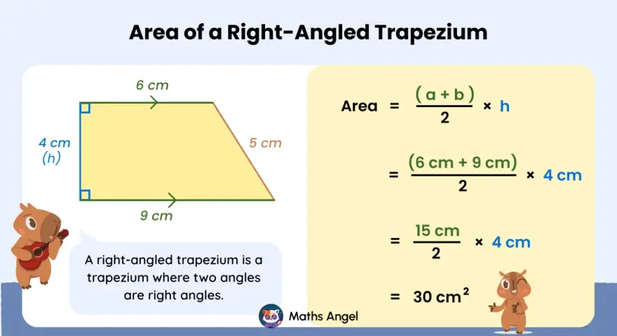 Calcul de l'aire d'un trapèze rectangle avec 2 angles droits. Bases 6 et 9 cm, hauteur 4 cm. Résultat 30 cm².