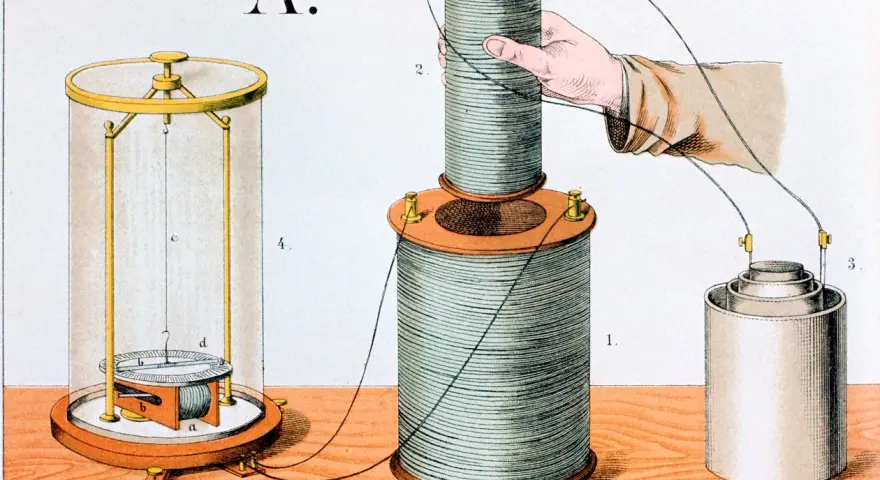 Illustration d'une expérience d'induction électromagnétique : une bobine est déplacée près d'une autre, connectée à une pile.