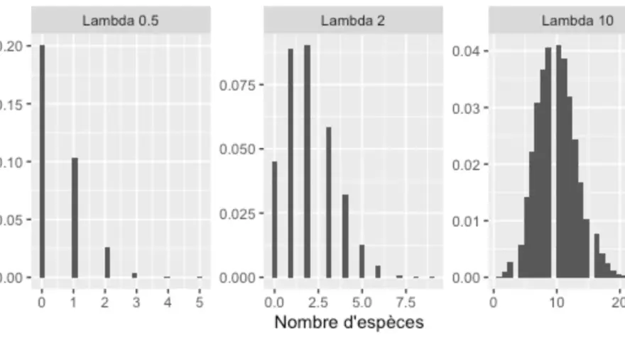 Trois histogrammes illustrant la loi de Poisson avec différents paramètres lambda. La formule de la loi de Poisson est représentée par la forme des distributions.