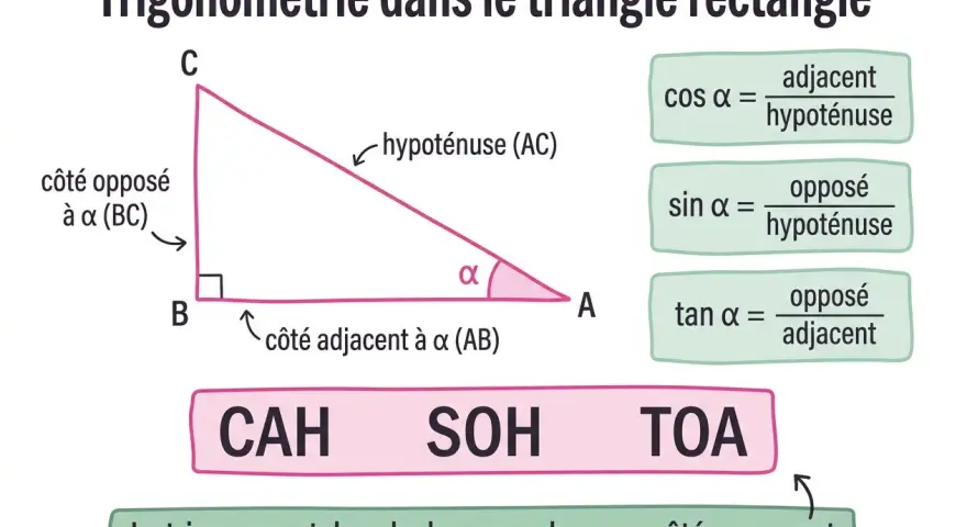 Triangle rectangle illustrant le cosinus d'un angle α comme le rapport du côté adjacent à l'hypoténuse.