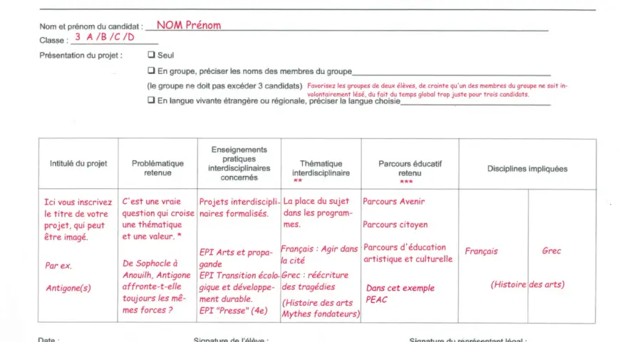 Formulaire pour l'oral du brevet, détaillant le projet, la problématique, les enseignements, la thématique, le parcours éducatif et les disciplines impliquées.
