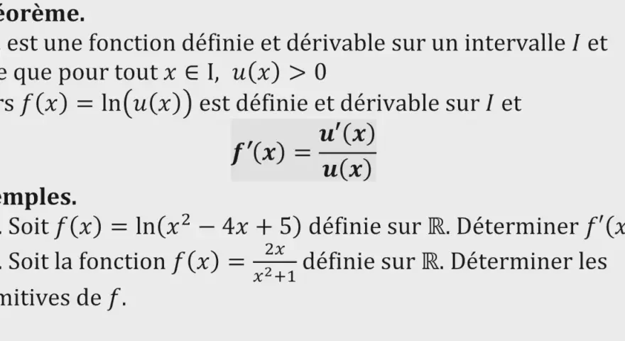 Théorème sur la dérivée de ln(u(x)) : f'(x) = u'(x)/u(x). Exemples d'application.