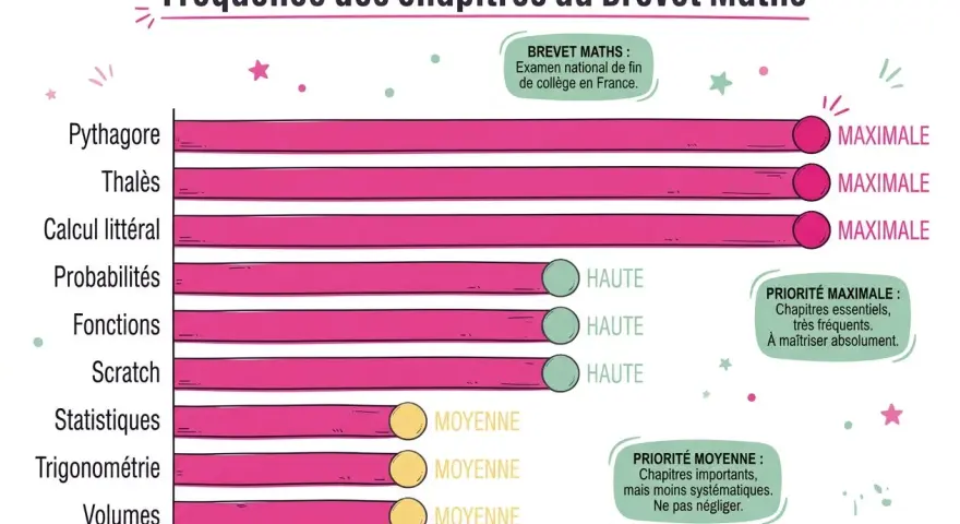 Fréquence des chapitres au Brevet Maths : priorité maximale pour Pythagore, Thalès, Calcul littéral. Correction brevet maths essentielle.