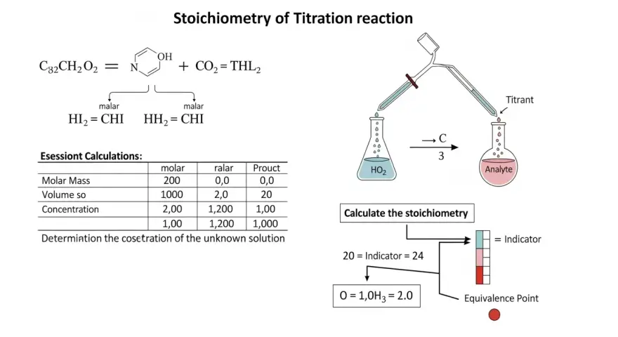 Schéma illustrant une réaction de titrage, avec une formule chimique, un tableau de calculs et un schéma de titrage pour déterminer le rapport stoechiométrique.