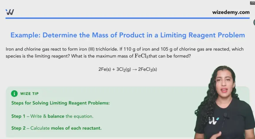 Exemple de calcul de masse de produit en utilisant le réactif limitant. La réaction du fer et du chlore pour former du FeCl3 est montrée.