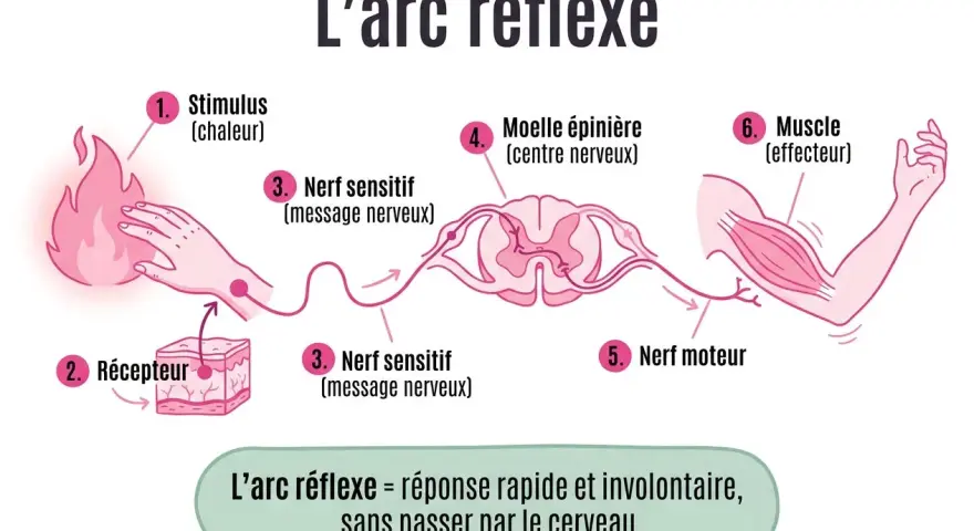 Schéma illustrant l'arc réflexe : stimulus (chaleur), récepteur, nerf sensitif, moelle épinière, nerf moteur, muscle. Utile pour la correction brevet SVT.
