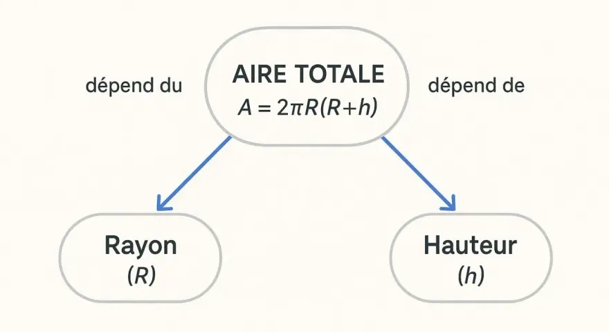 Diagramme montrant que l'aire totale d'un **surface cylindre** dépend du rayon (R) et de la hauteur (h), selon la formule A = 2πR(R+h).