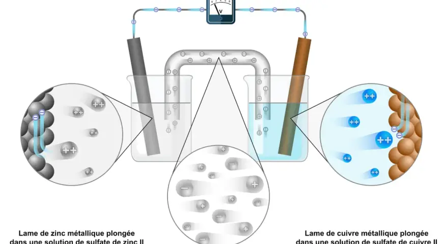 Schéma d'une pile électrochimique : une lame de zinc et une lame de cuivre dans des solutions de leurs sulfates respectifs, reliées par un voltmètre.