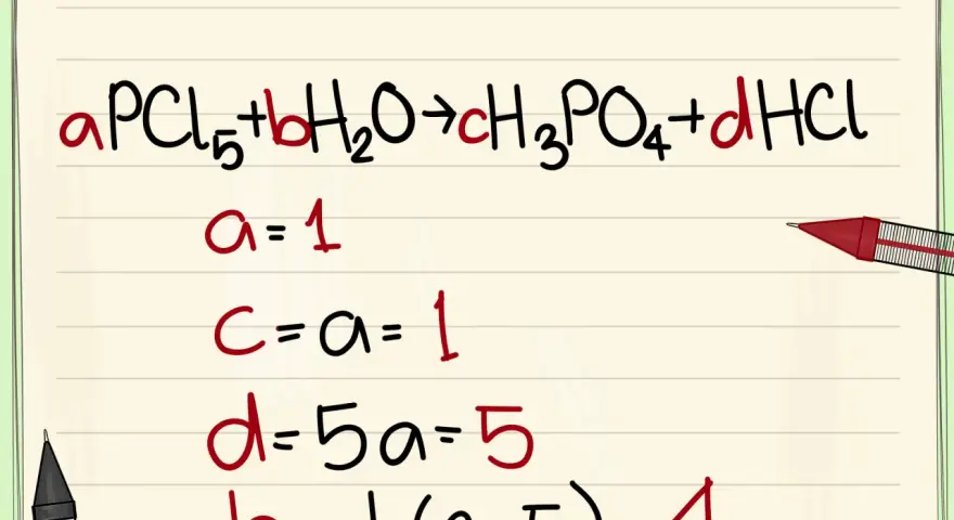 Équation de réaction chimique : aPCl₅ + bH₂O → cH₃PO₄ + dHCl. Les coefficients a=1, c=1, d=5, et b=4 sont calculés.