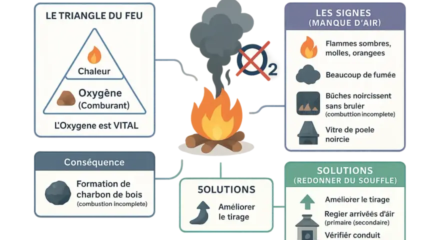 Le feu produit de la fumée et des flammes molles, signe d'une combustion incomplète. Pour y remédier, il faut améliorer le tirage.