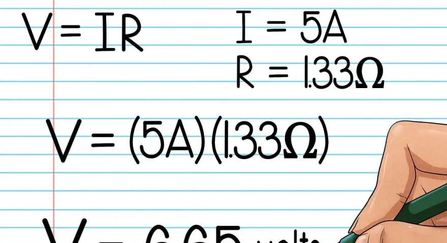 Calcul tension : V = IR, avec I=5A et R=1.33Ω. Le calcul donne V = 6.65 volts.