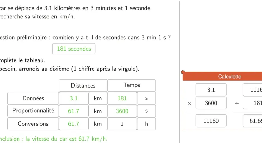 Calcul de la distance parcourue par une voiture. Le tableau montre la conversion des unités pour trouver la vitesse en km/h.