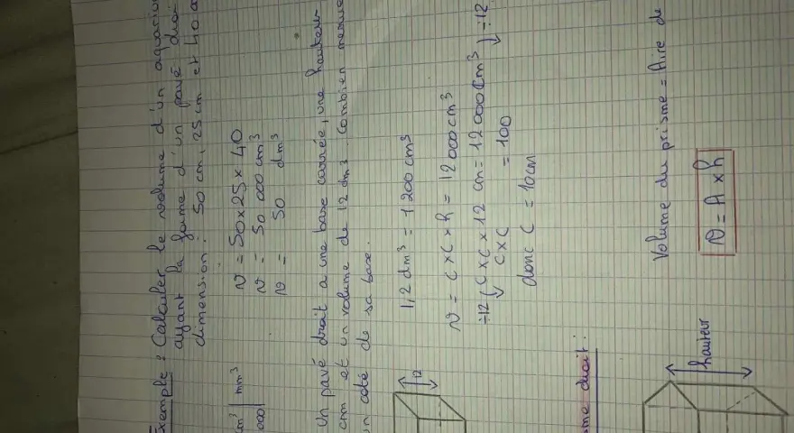 Calcul du volume d'un pavé droit : un aquarium de 50x25x40 cm. Le volume est de 50 000 cm³.
