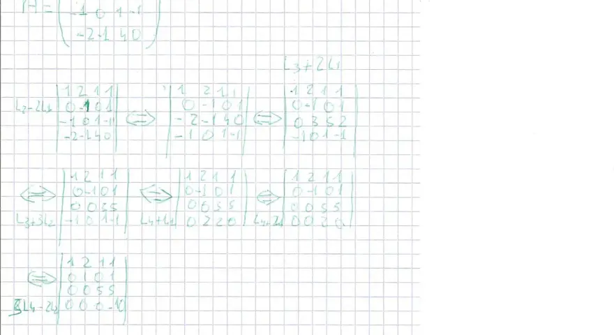 Calcul de la matrice A par étapes, montrant la multiplication matrice et les opérations sur les lignes. Le déterminant est calculé à la fin.