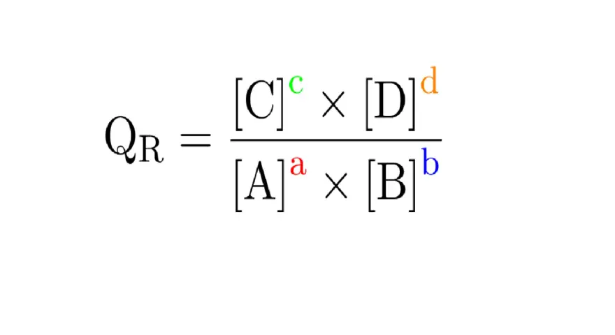 La formule du quotient de réaction QR, représentant les concentrations des produits [C] et [D] divisées par celles des réactifs [A] et [B], élevées à leurs coefficients stœchiométriques respectifs.