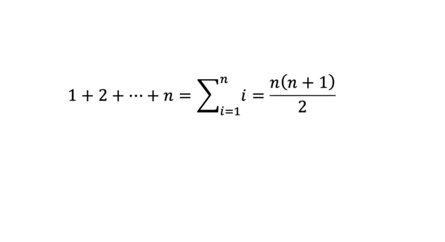 La formule de la somme des n premiers entiers, utilisant le symbole sigma (sommation) en maths : 1+2+...+n = Σ(i=1 à n) i = n(n+1)/2.