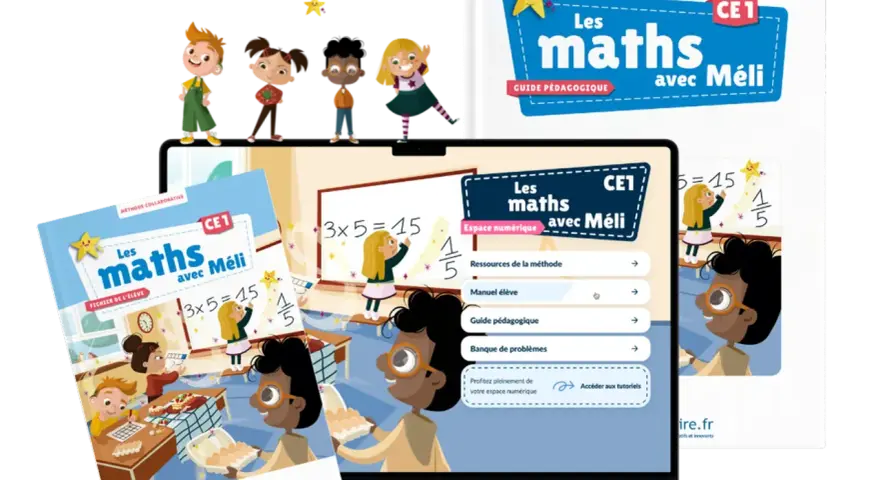 Des livres et un écran d'ordinateur présentent la méthode "Les maths avec Méli" pour le CE1, avec des illustrations d'enfants joyeux apprenant les mathématiques.
