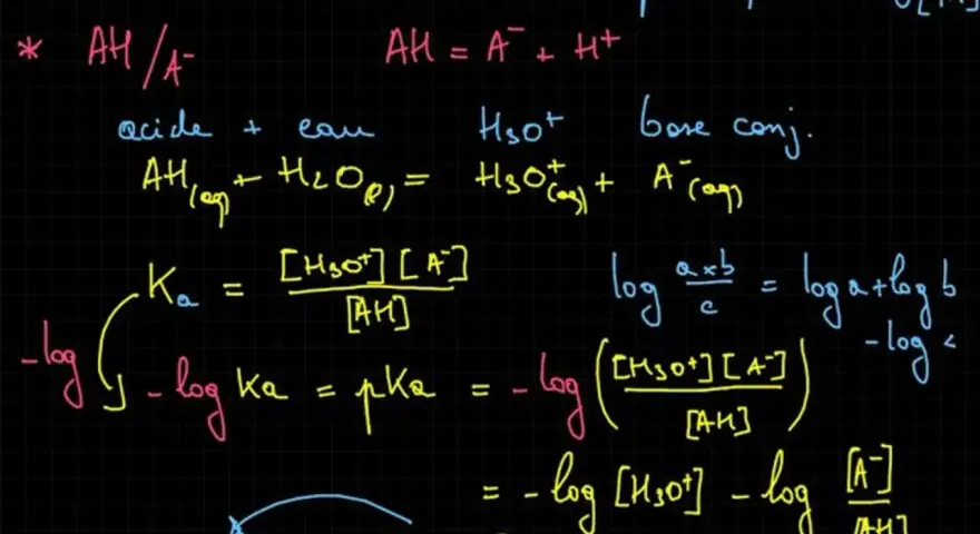 Dérivation de la formule ka montrant la relation entre pH, pKa et les concentrations d'acide et de sa base conjuguée.