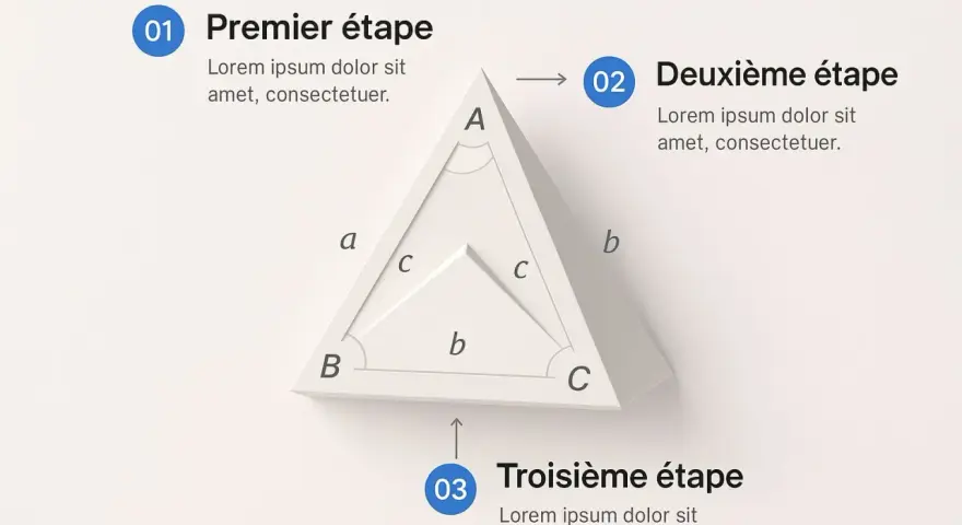 Illustration d'un triangle avec des lettres et des arcs, expliquant la formule sinus en trois étapes.