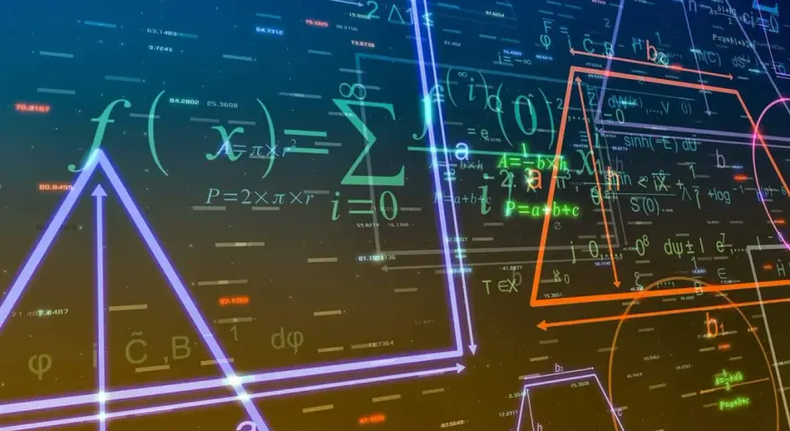 Formules de maths terminale flottant dans l'espace, avec des formes géométriques lumineuses et des chiffres.