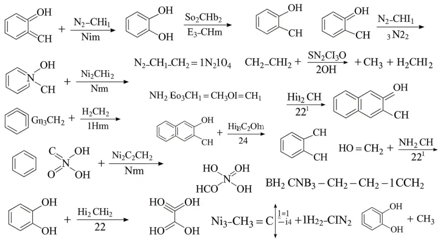 Diverses réactions chimiques, dont une équation de combustion, montrant des molécules organiques et des réactifs.