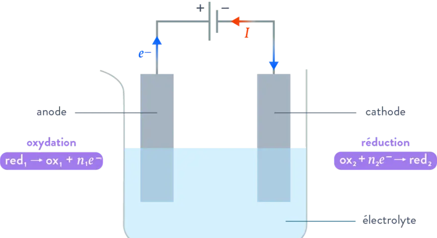 Schéma d'une cellule d'électrolyse terminale : anode (oxydation) et cathode (réduction) dans un électrolyte, connectées à un générateur.