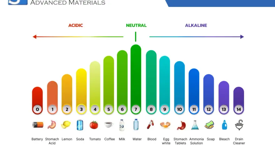 Échelle de pH montrant des exemples de substances acides faibles comme le citron (pH 2) et le café (pH 5), jusqu'aux substances alcalines.