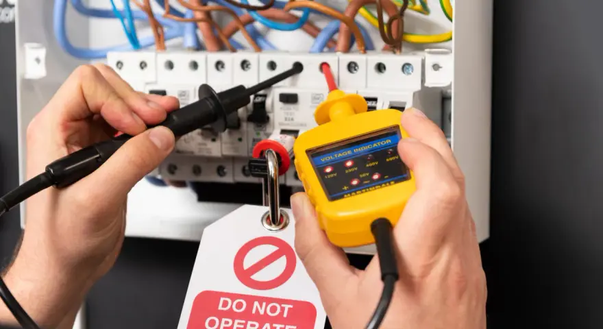 Un électricien vérifie la tension nominale d'un tableau électrique avec un indicateur de tension jaune. Une étiquette "DO NOT OPERATE" est visible.