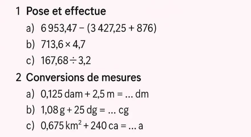 Exercice gratuit pour se préparer à la 6ème : calculs et conversions de mesures.
