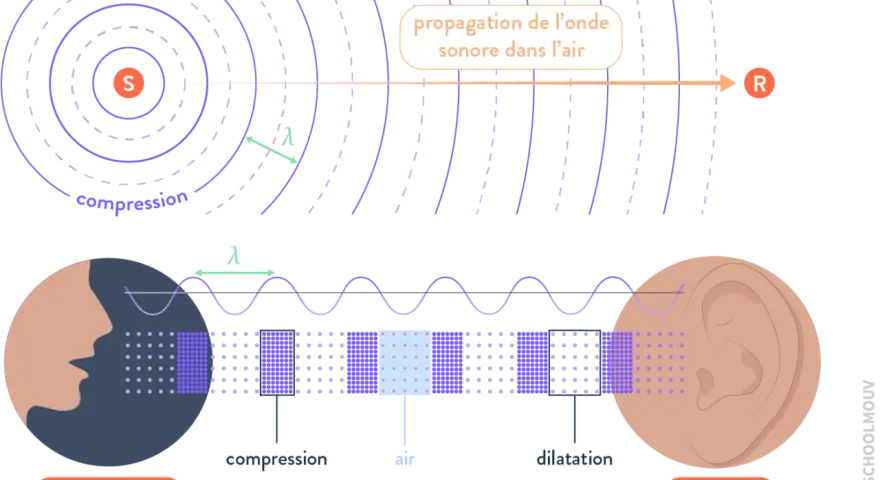 Illustration de la propagation d'une onde sonore, montrant compression et dilatation de l'air, avec une source et un récepteur. L'intensité sonore est représentée par la densité des points.