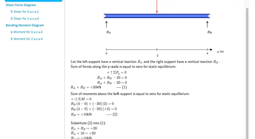 Calcul des réactions de support pour une poutre avec une charge de 20 kN. La réaction RA est de +10 kN et RB est de +10 kN.